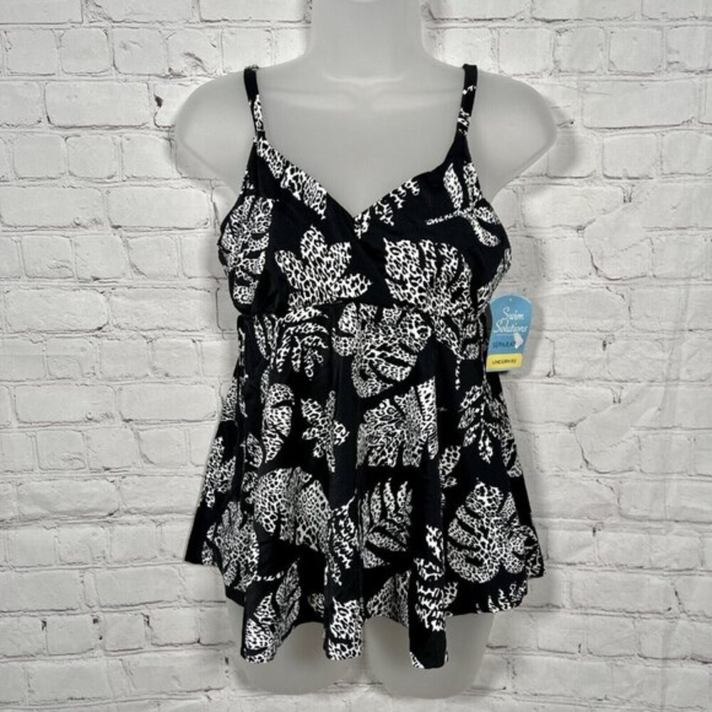 Swim Solutions Size Black Spotted Leaves Underwire Tankini Top Size 12